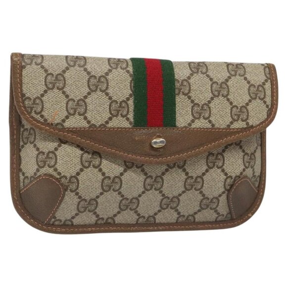 GUCCI GG Supreme Web Sherry Line Pouch PVC Leather Beige 89 01 021 Auth 110412 - Picture 1 of 16